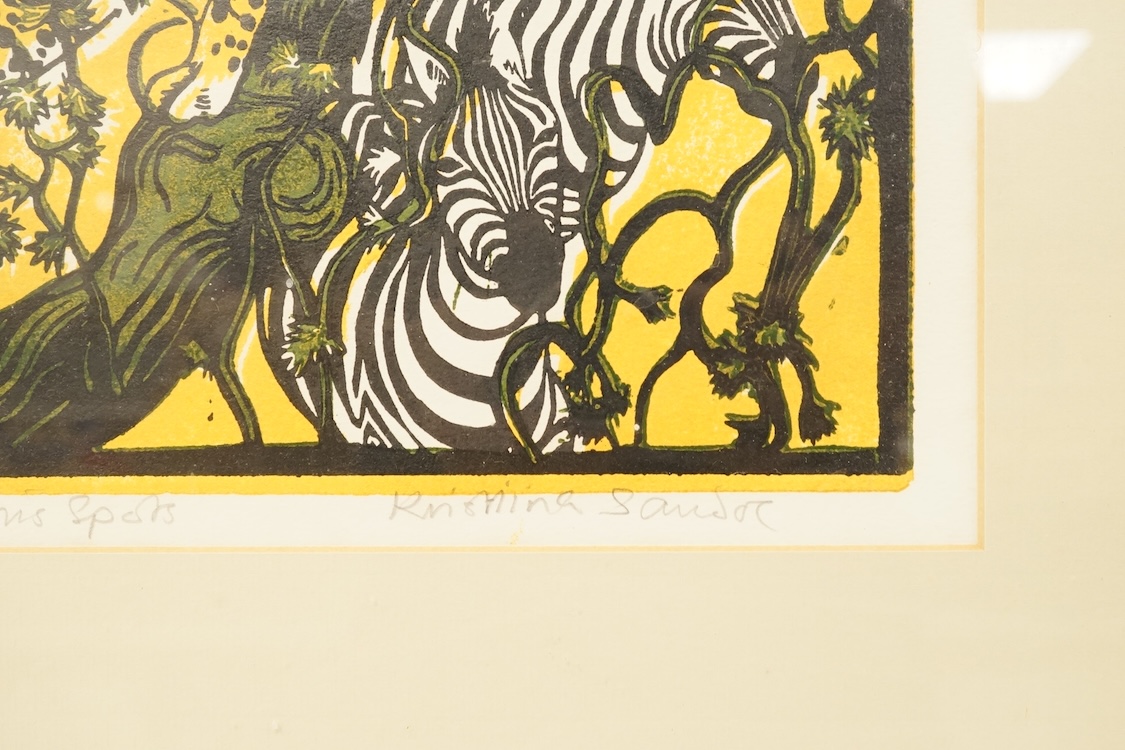 Jane K. Sandox (contemporary), 'How the leopard got his spots', signed in pencil, artist's proof colour linocut, 34 x 34cm